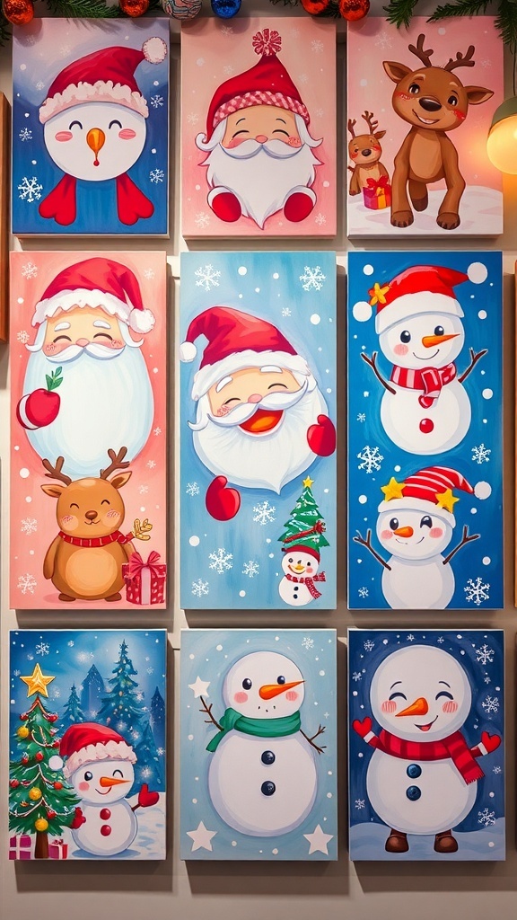 A variety of kawaii Christmas paintings with cute characters like Santa and snowmen in a festive setting.